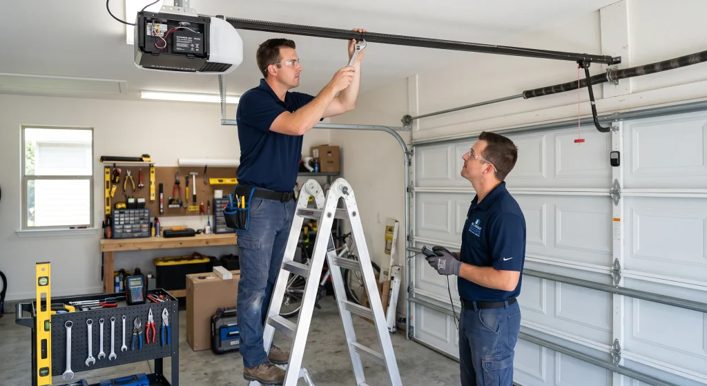 Two technicians working together to inspect and tighten drive rail components during Garage Door Opener Maintenance.