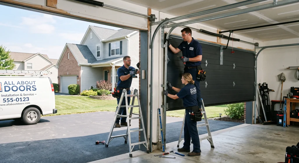 Technicians aligning and securing hardware along side tracks to service Garage Door Rollers.