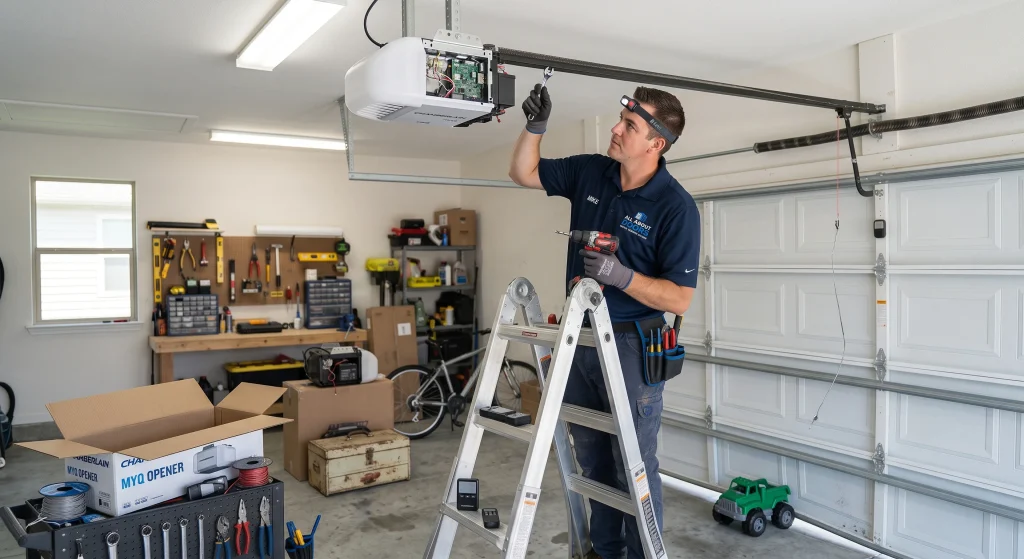 A technician standing on a step ladder adjusting a overhead motor rail, working with different Types of Garage Door Openers.