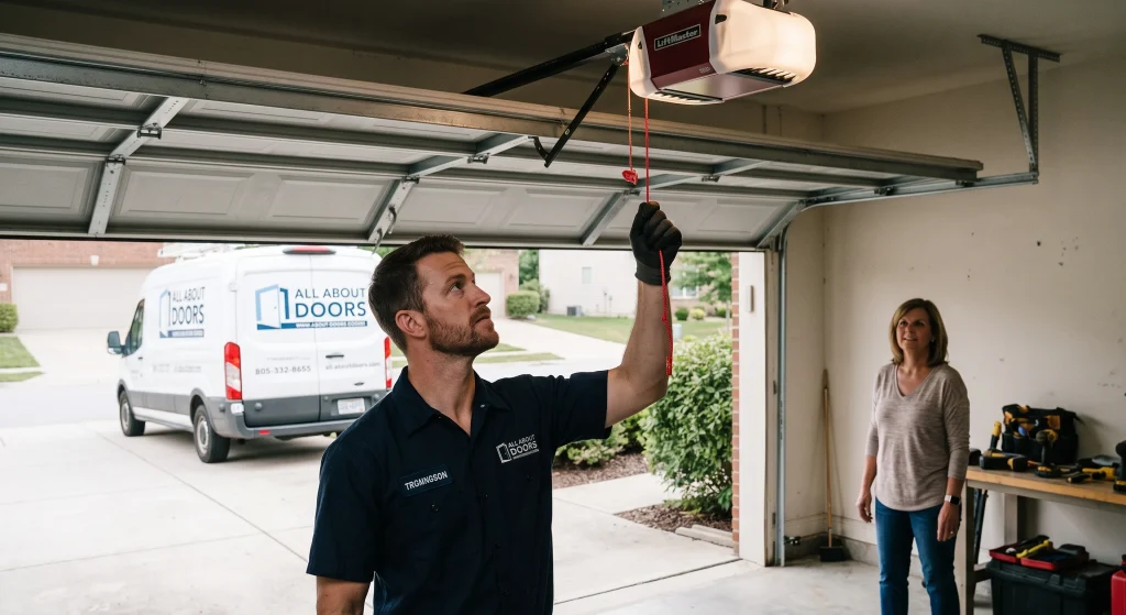 A technician pulling the red emergency release cord on an opener unit to show how to open your garage door manually.
