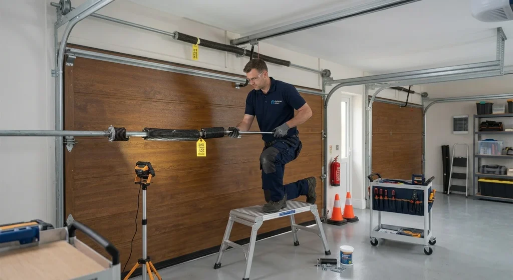 A technician kneeling on a work platform to replace a broken mechanism, indicating a Garage Door Spring Needs Replacement.