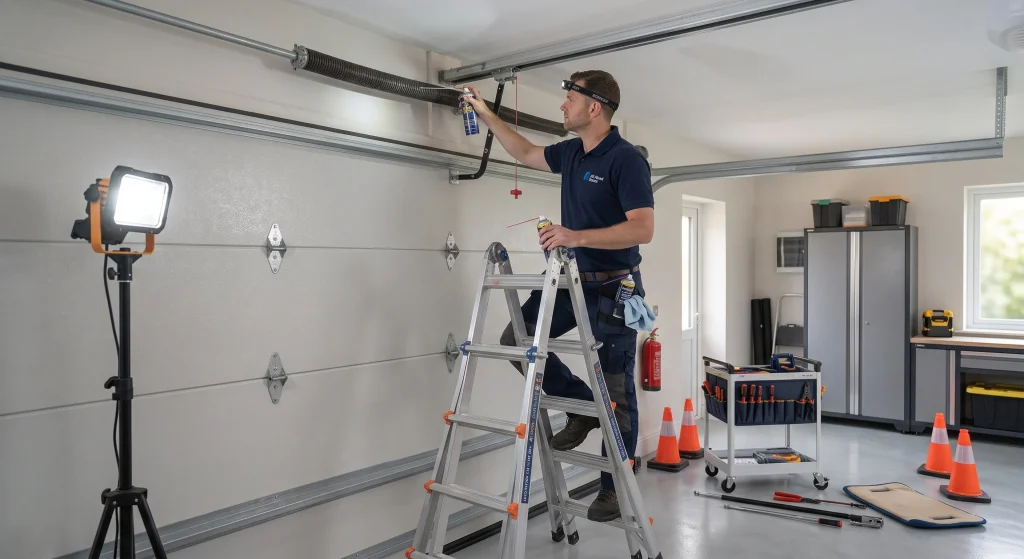 A technician standing on a ladder applying silicone lubricant during routine care for Maintaining Your Garage Door Springs.