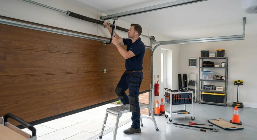 A technician standing on a step stool using hand tools to adjust high-tension springs near Experts for Garage Door Spring Replacement.