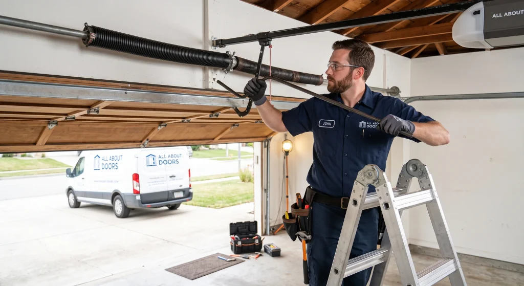 A technician standing on a ladder using winding bars to service torsion springs for a local Garage Door Company in Glen Burnie, MD.