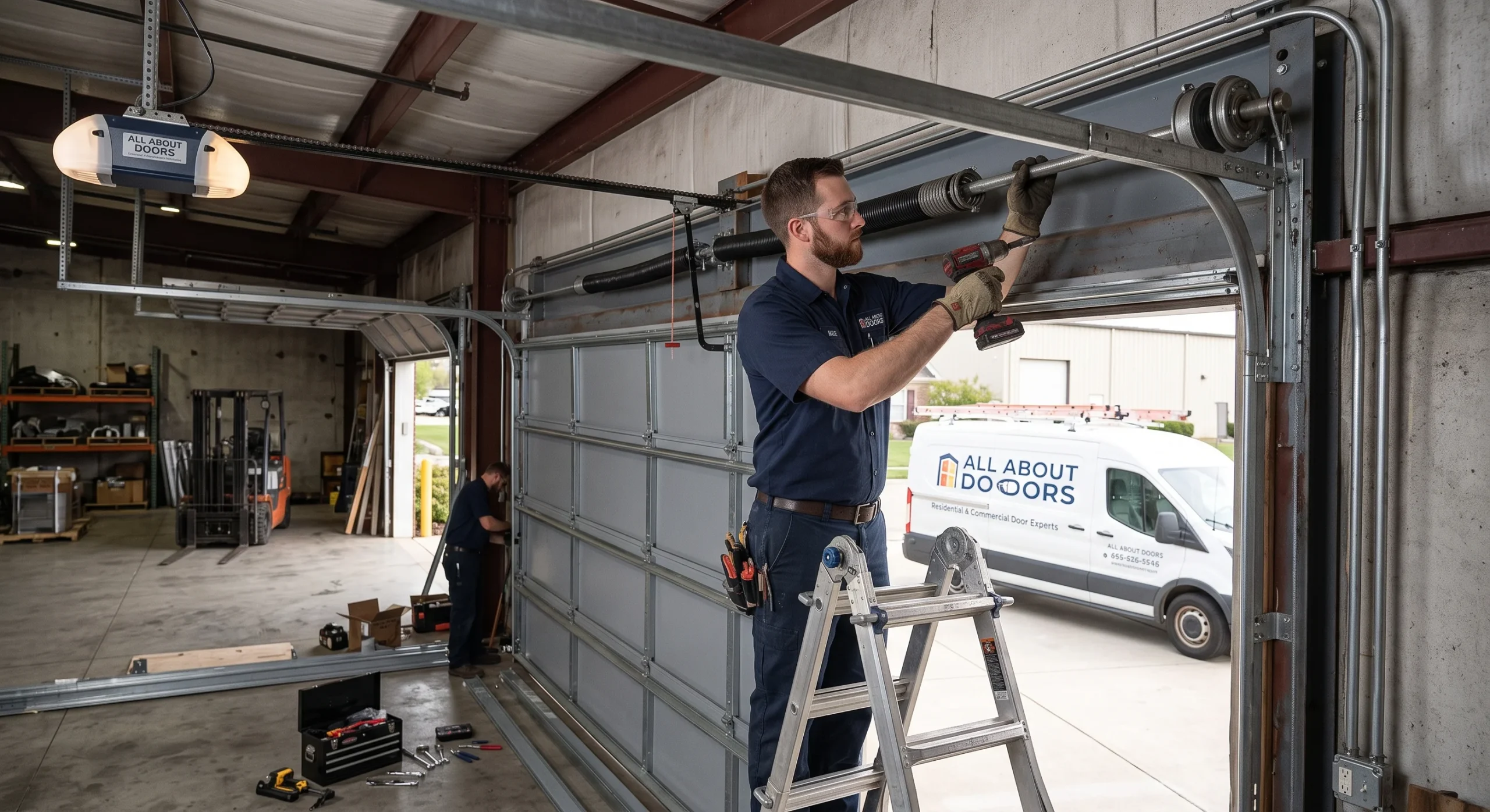 A technician on a step ladder using a power drill on an overhead door frame, representing a Professional for Garage Door Installation.