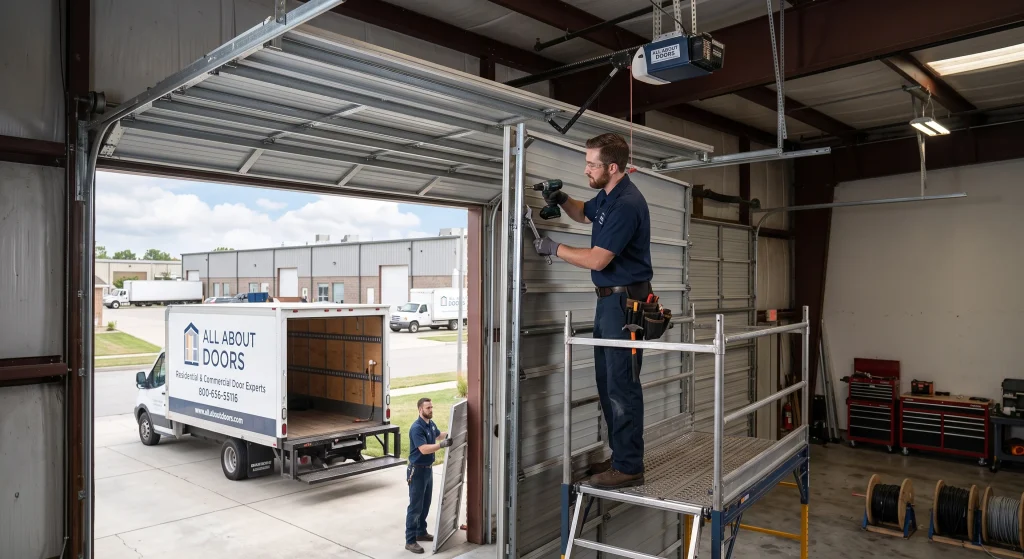 Technicians servicing a commercial overhead door panel on a scaffolding setup, representing the Top Garage Door Company in Glen Burnie, MD.