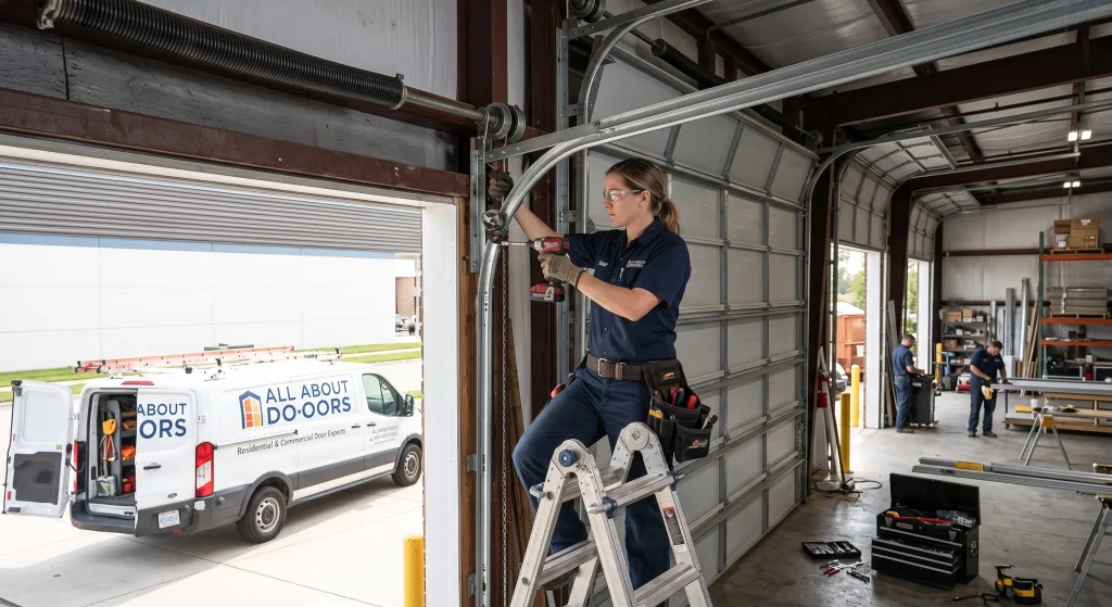 A technician using a power drill on an overhead door track near a company service van for 24/7 garage door repair services in Glen Burnie, MD.