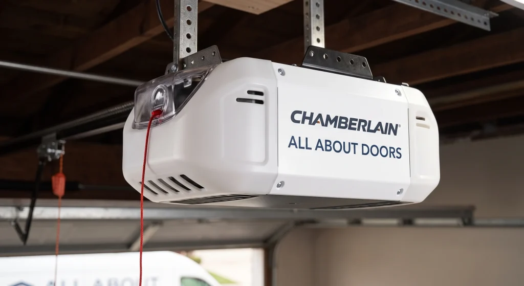A close-up view of a ceiling-mounted Chamberlain motor unit for an Overhead Door Opener.