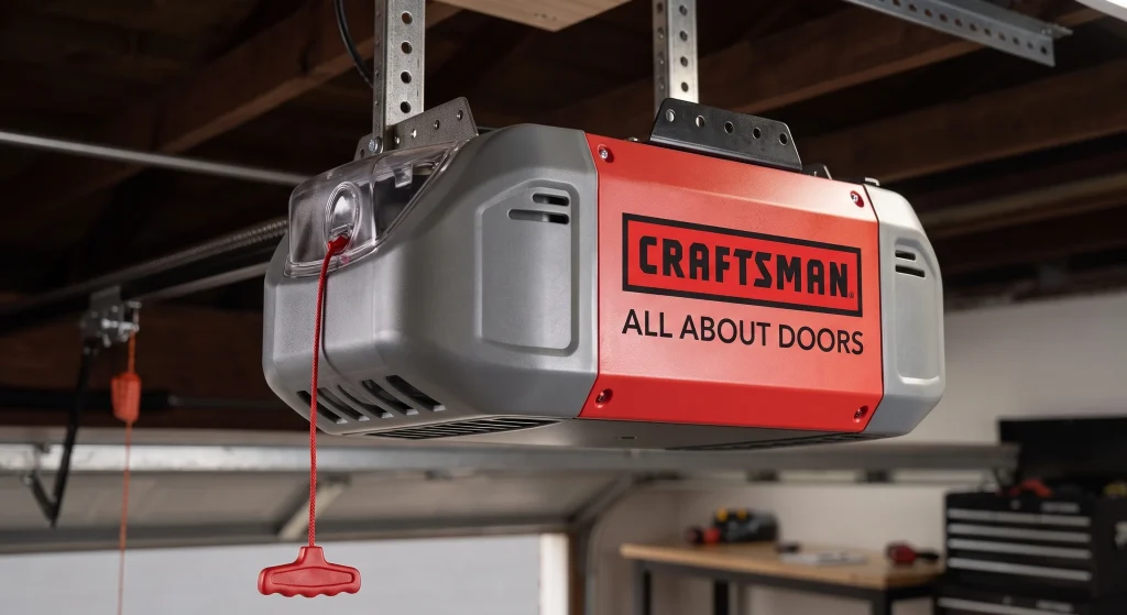 A close-up view of a red-and-grey Craftsman motor unit showcasing popular Overhead Door Opener Brands.