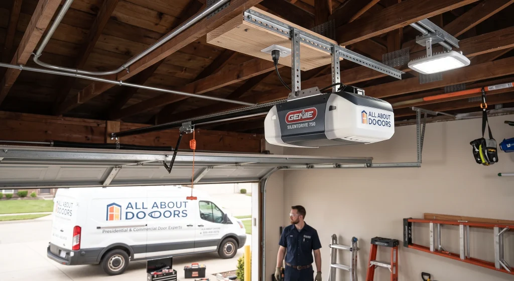A technician inspecting a newly mounted Genie SilentDrive 750 unit suspended from exposed ceiling rafters for an Overhead Door Opener Installation.