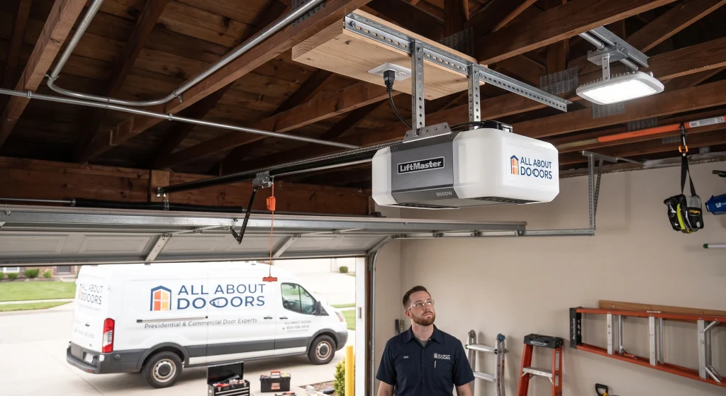 A technician looking up at a newly installed ceiling-mounted LiftMaster unit for an Overhead Door Opener in Glen Burnie, MD.
