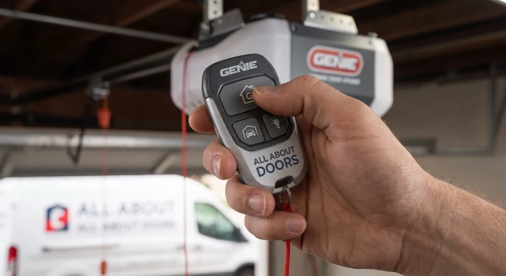 A close-up of a hand holding and pressing a Genie remote control for an Overhead Door Remote.
