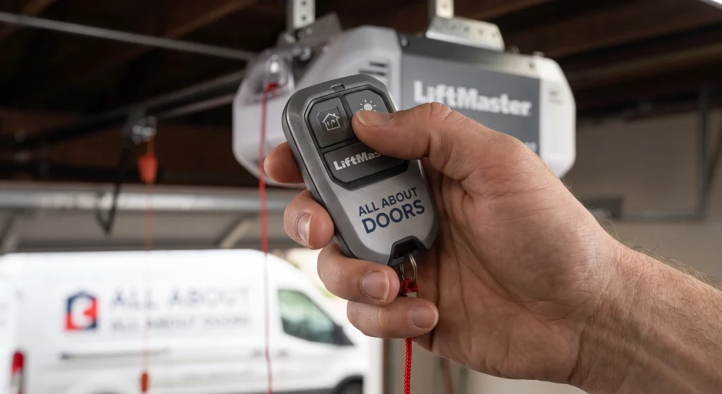 A close-up of a hand pressing a LiftMaster remote control for an Overhead Door Remote in Glen Burnie, MD.