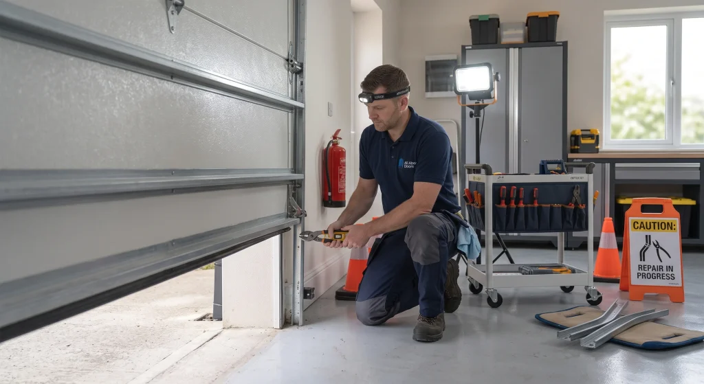 A technician kneeling with pliers near the bottom panel guiding rollers back into alignment during a Garage Door Go Off Track Repair.