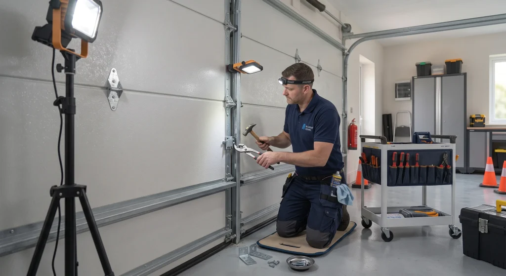 A technician kneeling on a mat using pliers and a hammer to adjust a side track hinge during a Garage Door Repair.