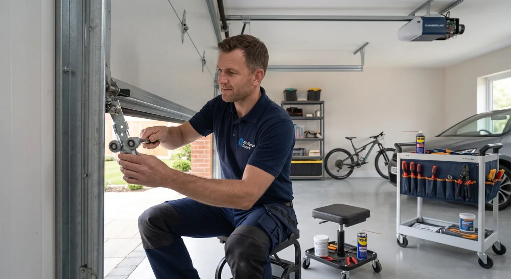 A technician seated on a rolling stool adjusting roller brackets for garage door repair in Glen Burnie, MD.