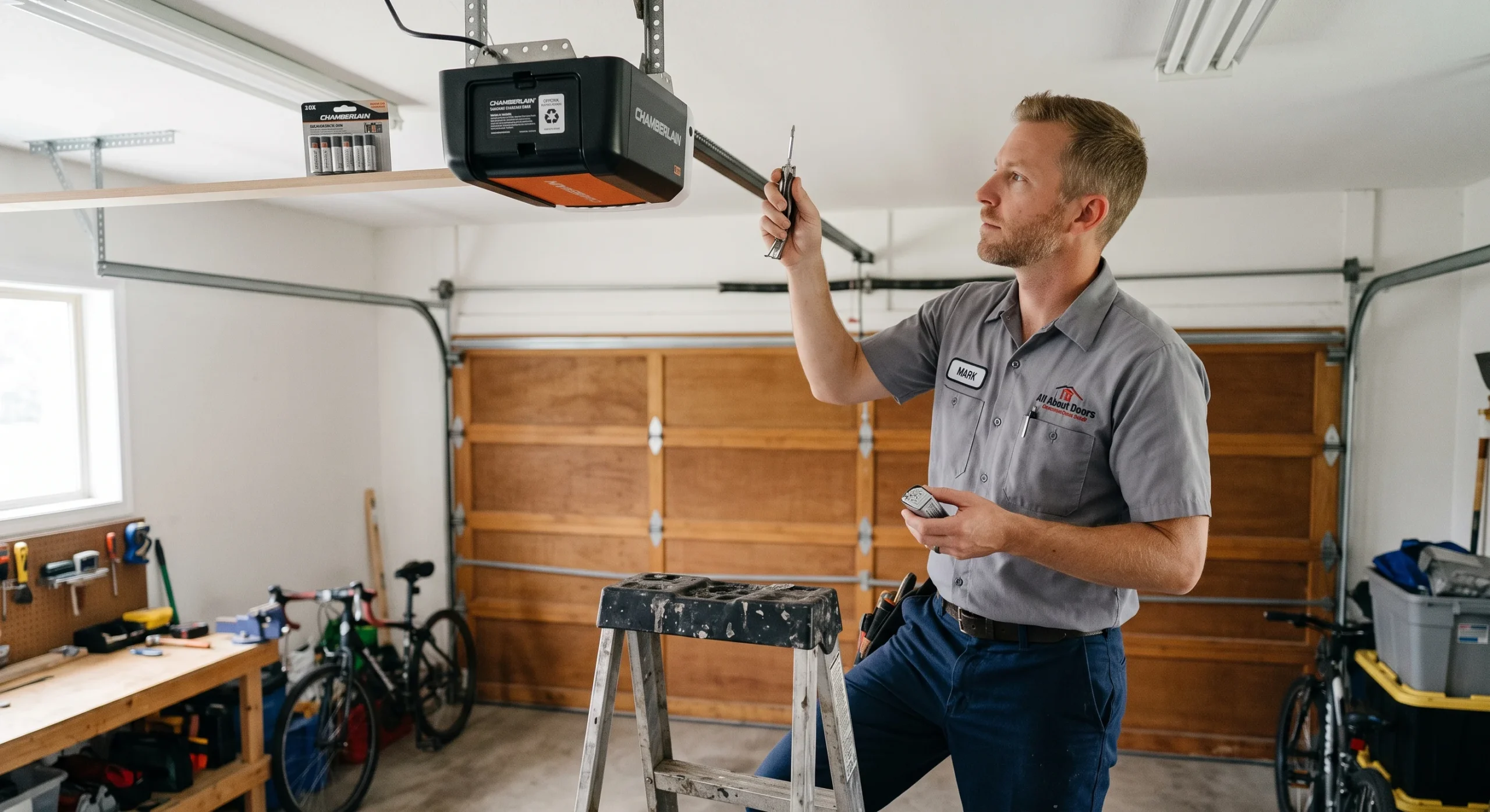 A homeowner on a stepladder opening an overhead motor housing for a DIY Garage Door Opener Battery Replacement.