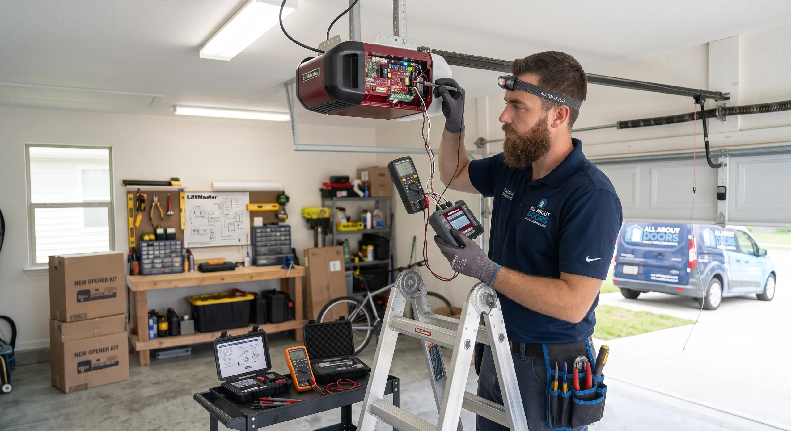 A technician using a handheld diagnostic tool on a circuit board to Program a LiftMaster Garage Door Opener.