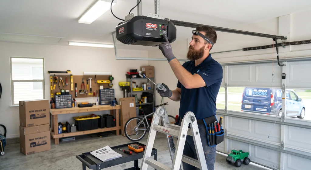 A technician holding a multimeter and working on a unit while Programming your Genie garage door opener.