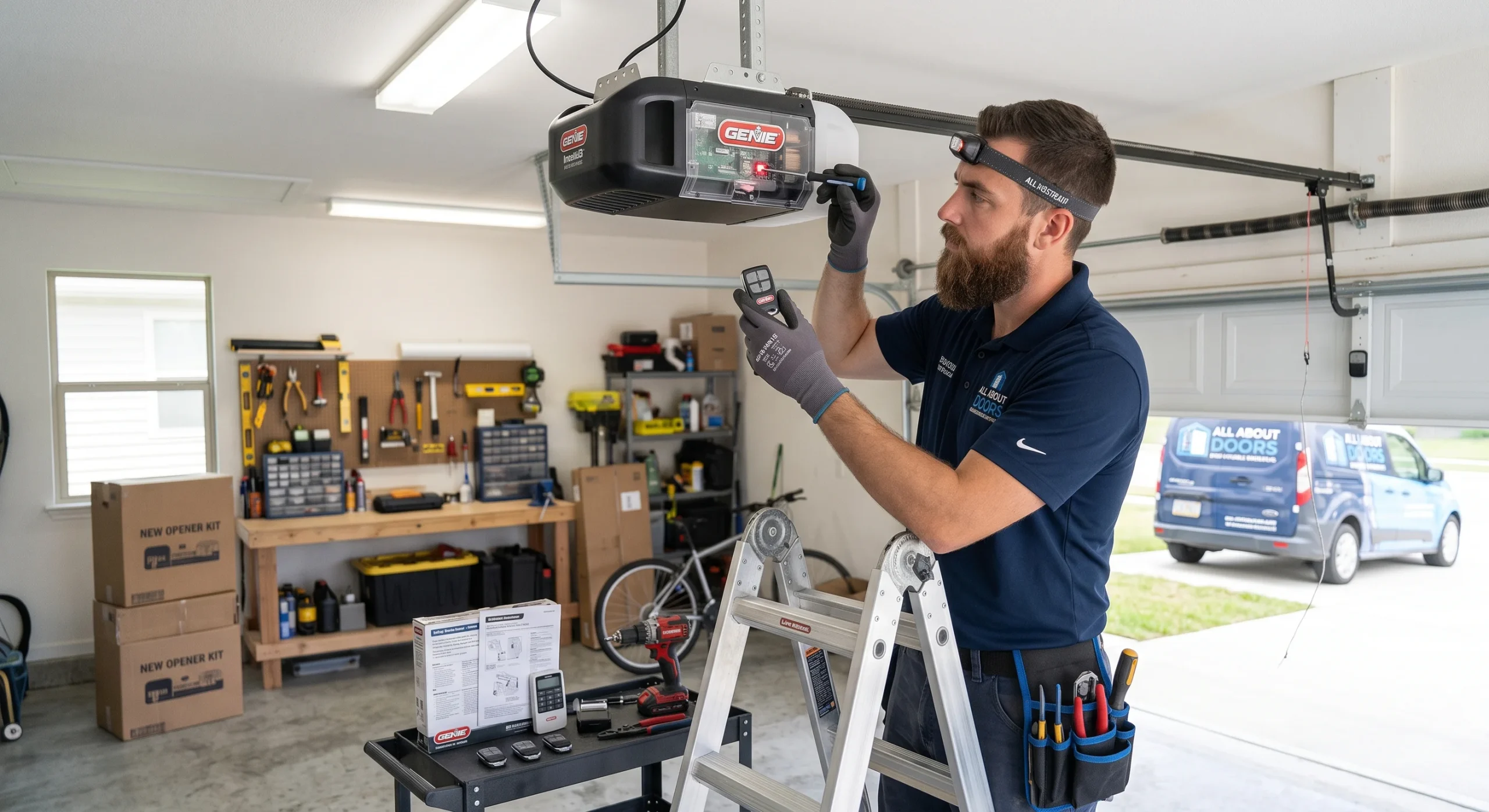 A technician using a screwdriver to adjust an overhead Genie motor board for Garage Door Opener Repair.
