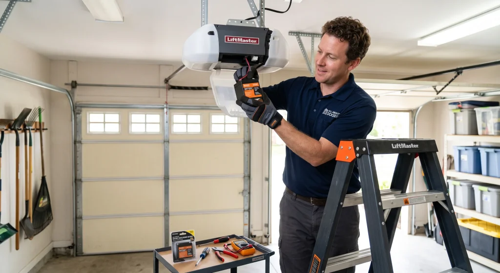 A technician on a ladder installing a unit to show the LiftMaster Garage Door Opener Cost.