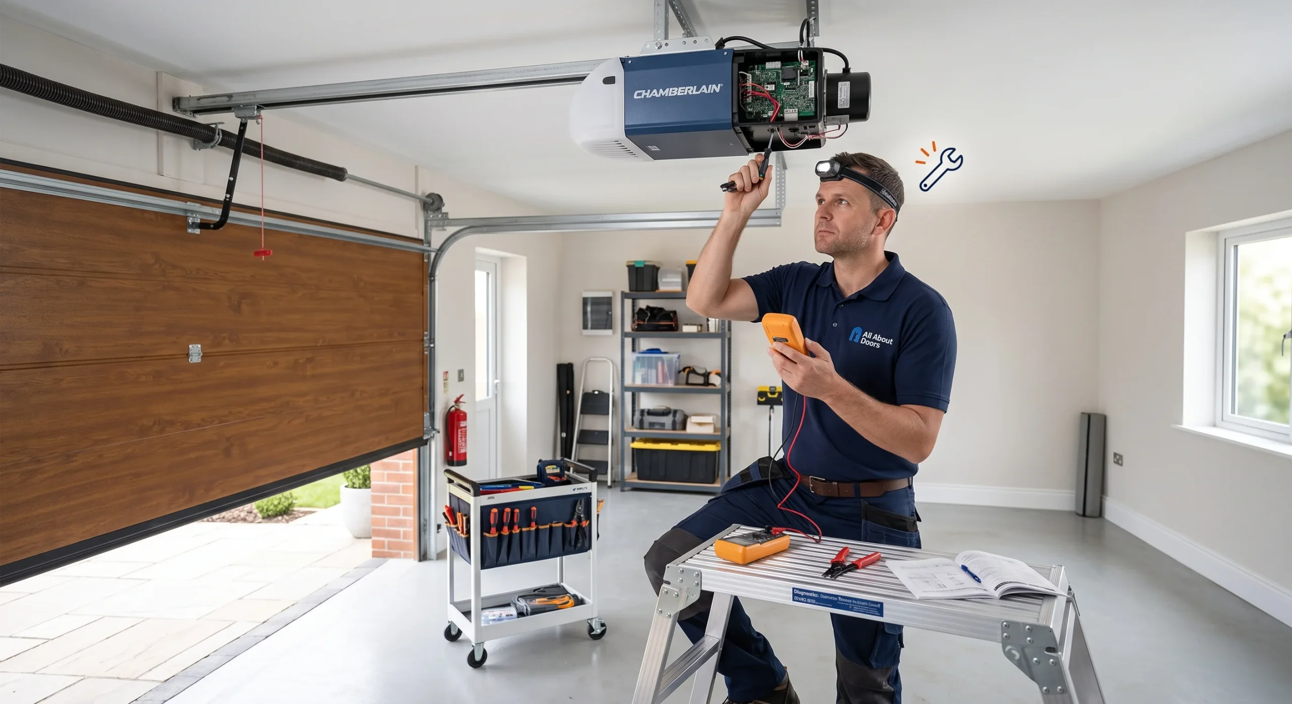 A technician using a screwdriver to set internal limits on a Chamberlain unit while Programming Your Garage Door Opener.