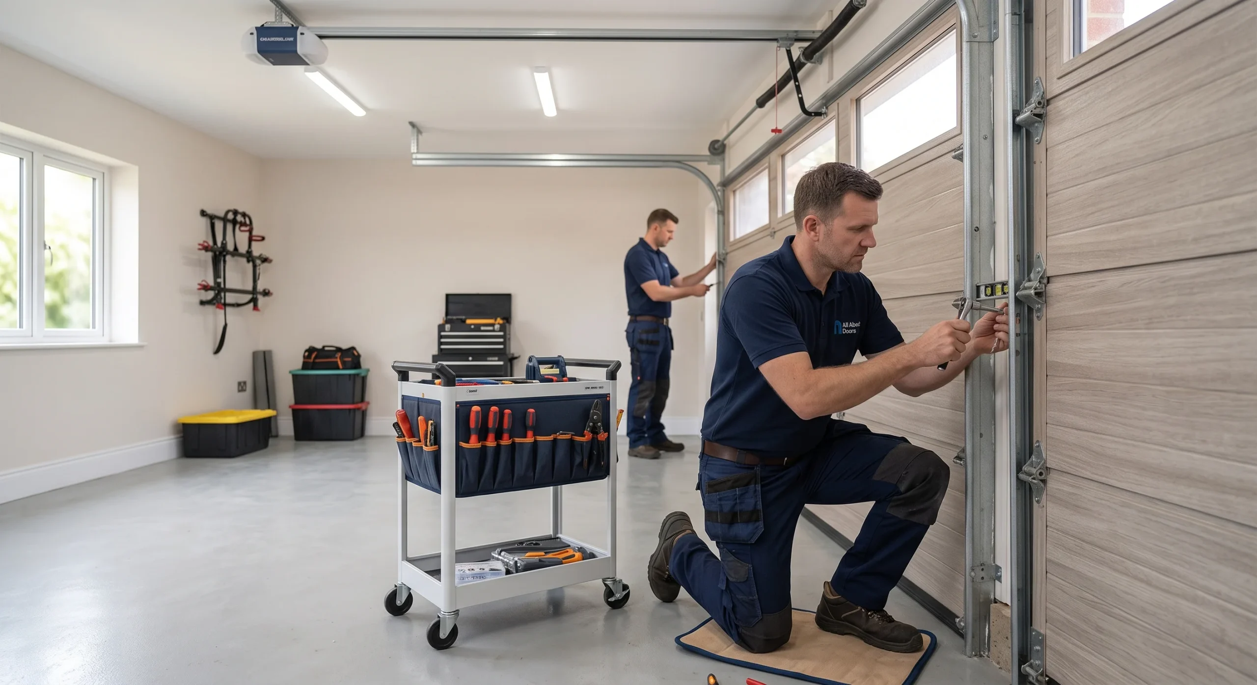 A technician using a socket wrench to tighten vertical track brackets and hinges while Adjusting a Garage Door.