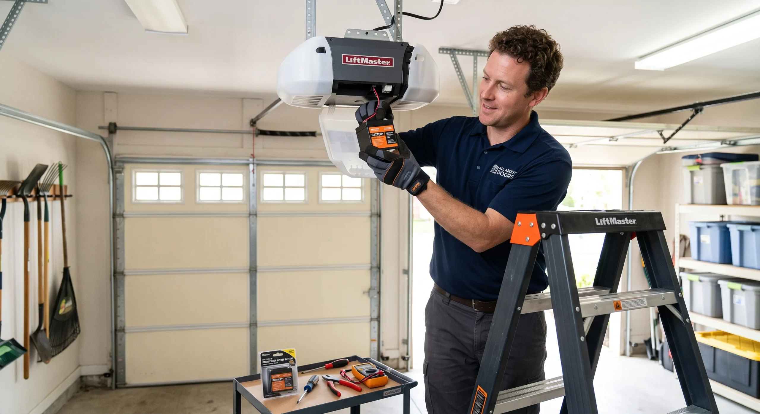 A technician standing on a ladder to connect wire leads to a backup battery during a Garage Door Opener Battery Replacement.