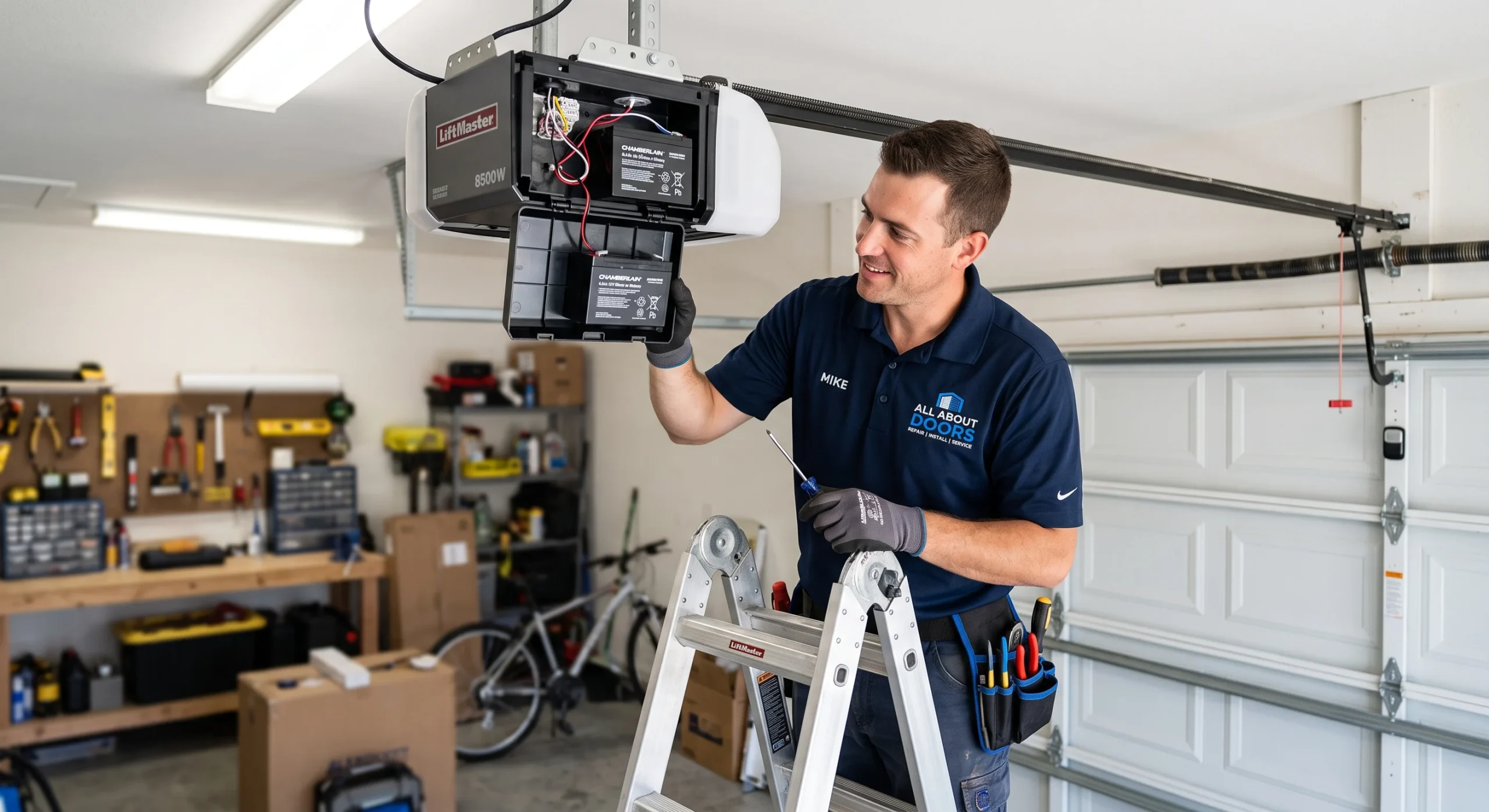 A technician holding a backup battery while servicing a LiftMaster unit to Replace Battery in Garage Door Opener.