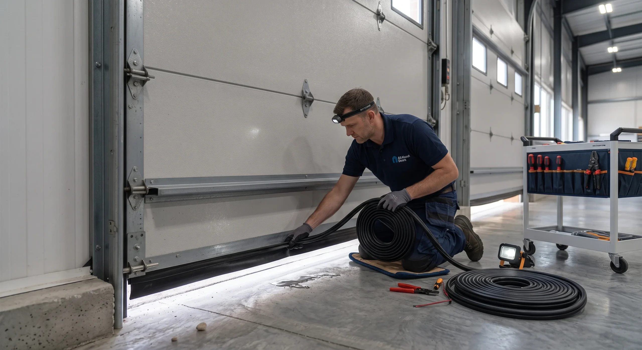 A technician fitting a flexible rubber bottom seal along the base panel during a Commercial Garage Door Installation.