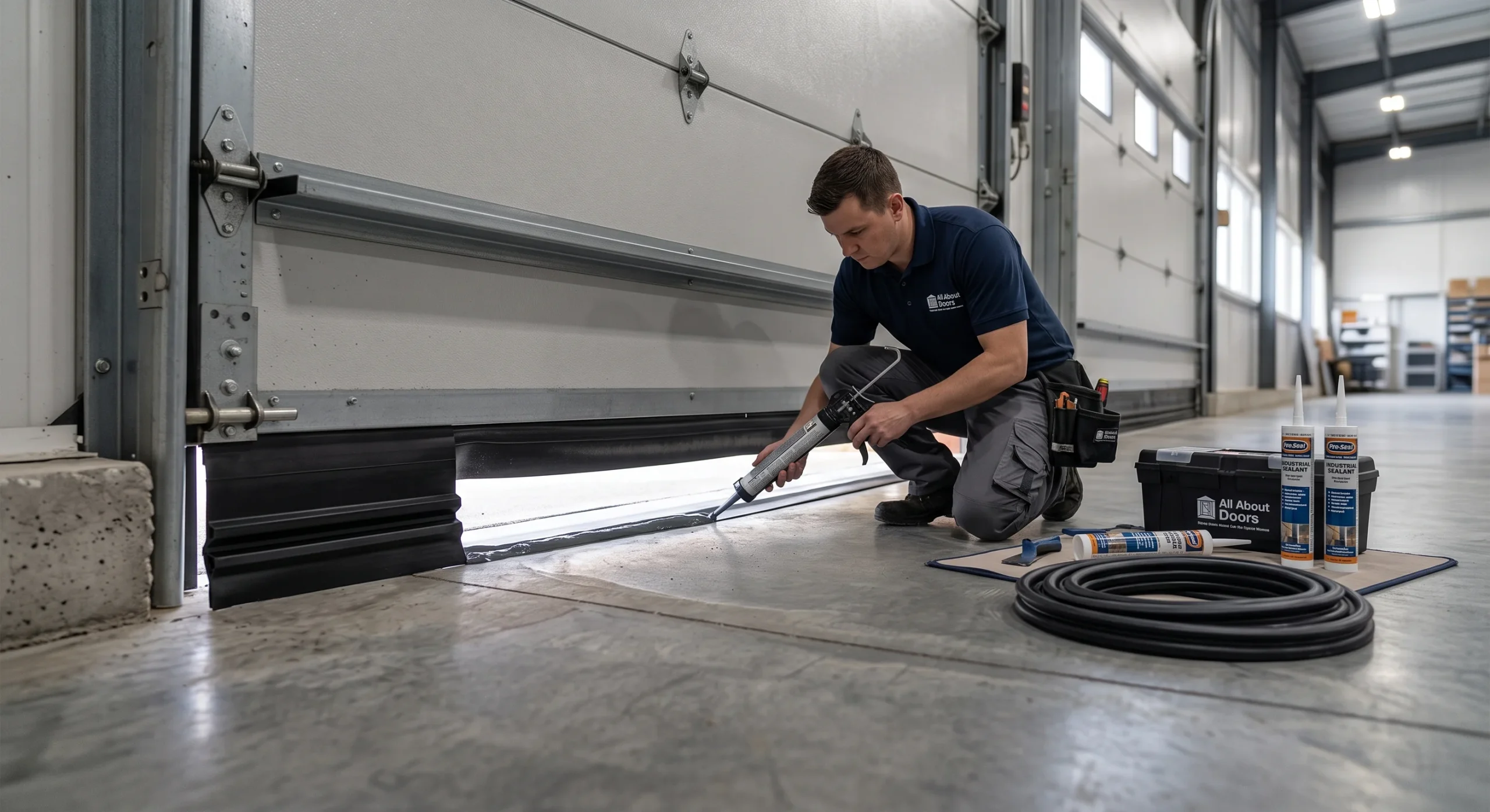 A technician applying sealant along the bottom track during a Commercial Garage Door Installation.