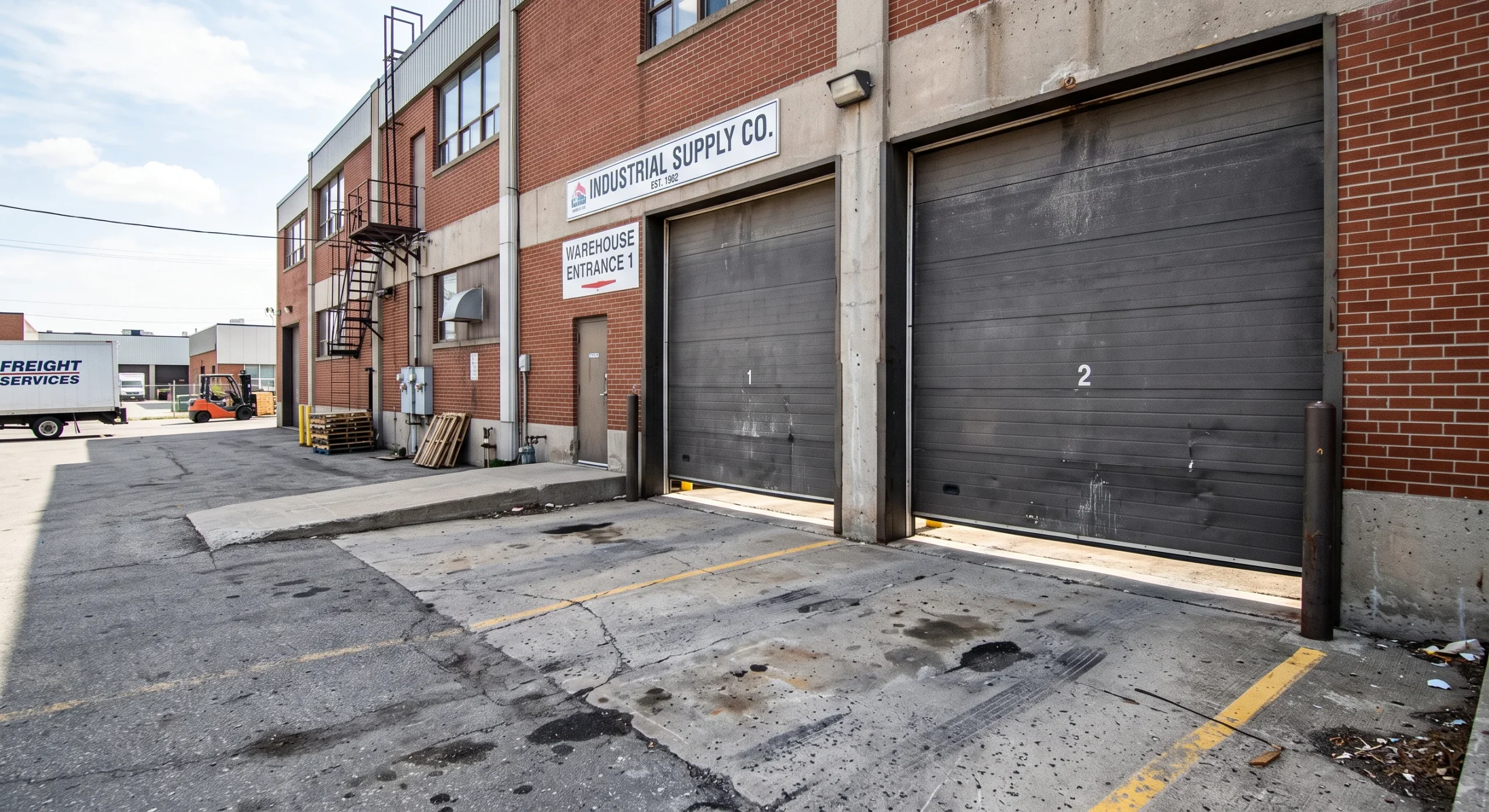 Large industrial loading dock bay doors at a warehouse needing Commercial Garage Door Repair.