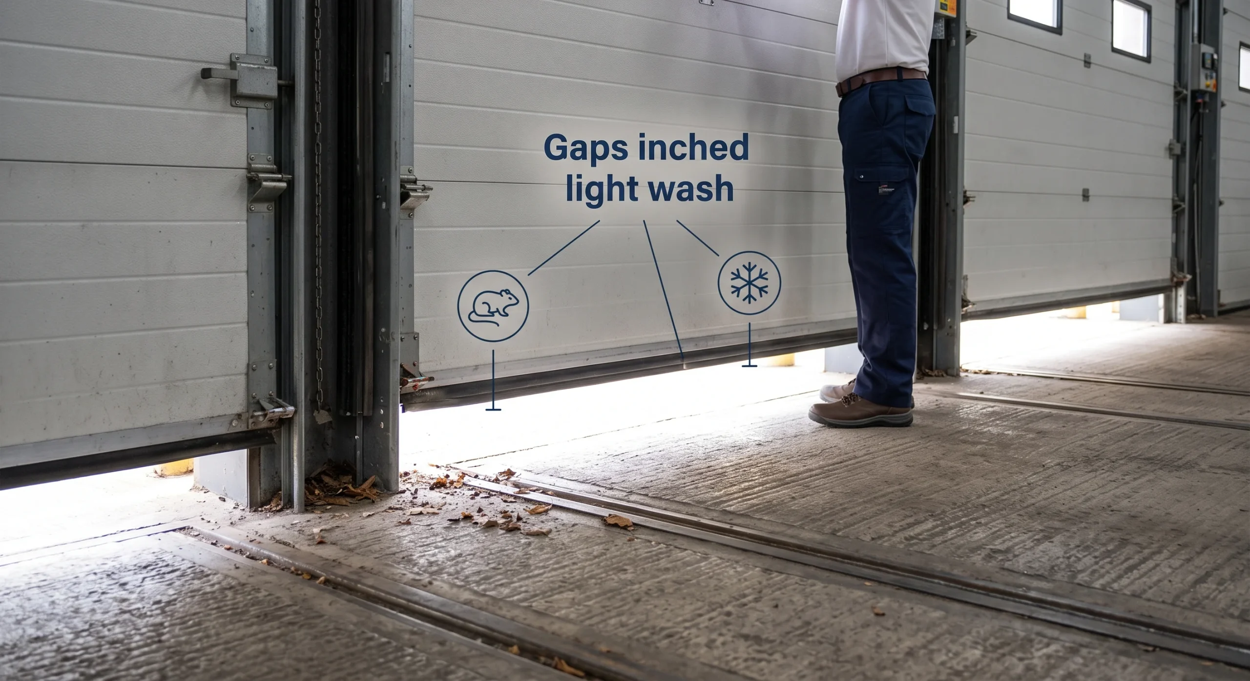 A technician inspecting bottom panel gaps during a Commercial Overhead Door Service in Glen Burnie, MD.
