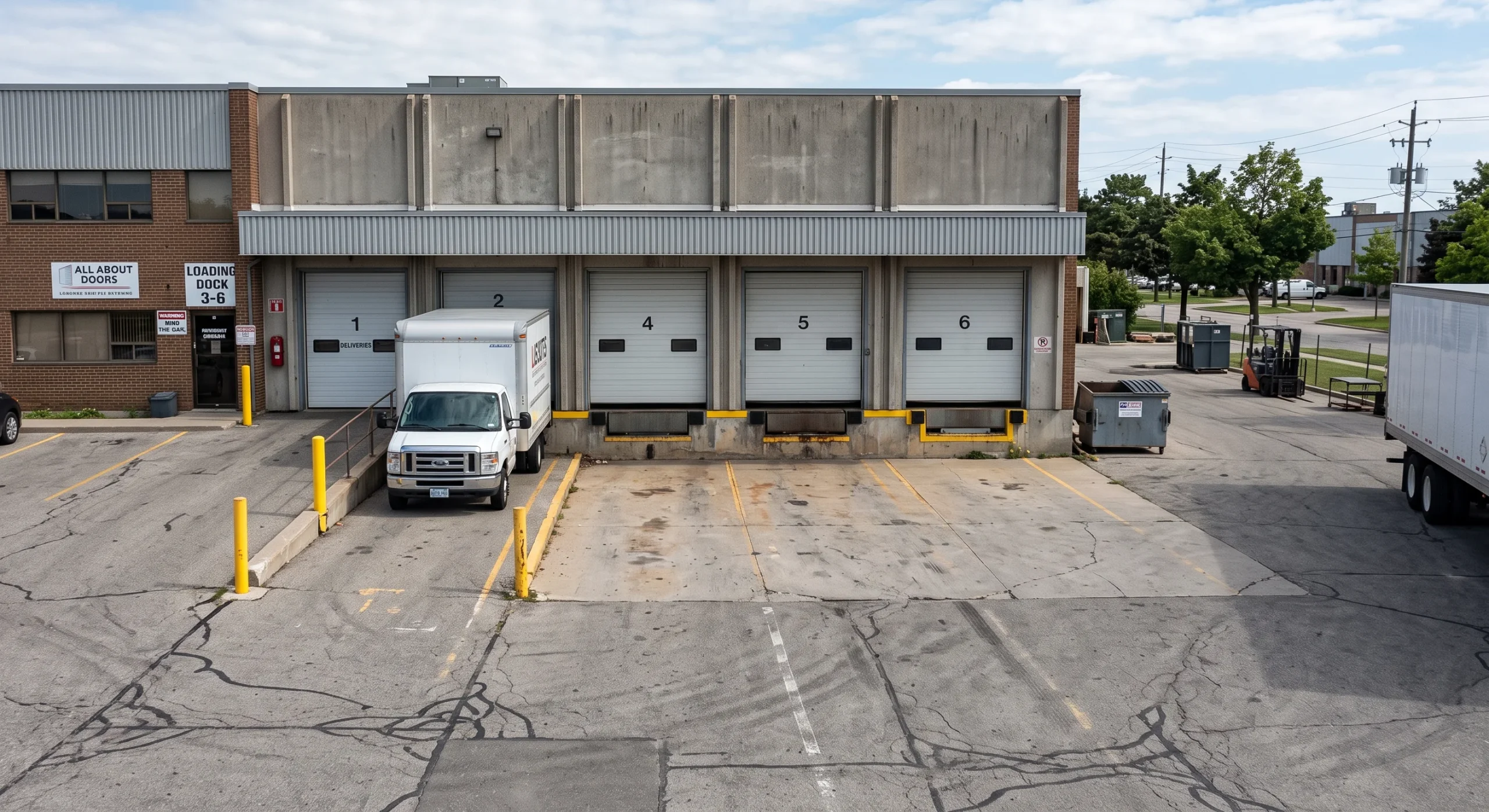 An exterior view of industrial loading dock bays where a Commercial Overhead Door Weather Seal Is Failing.