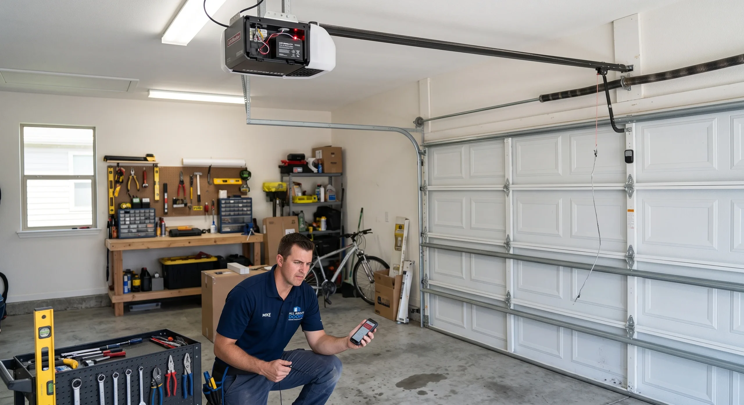 A technician checking a smartphone while troubleshooting a LiftMaster Garage Door Opener Won’t Program.