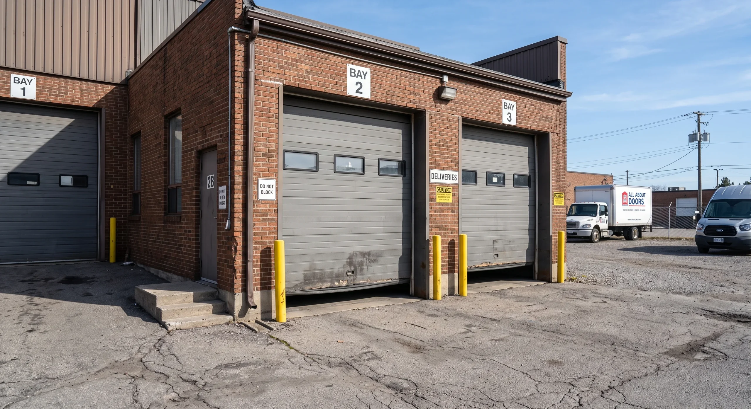 An exterior view of brick warehouse loading bays with vehicles parked in the background, illustrating steps to Prevent Gaps Under a Commercial Overhead Door.