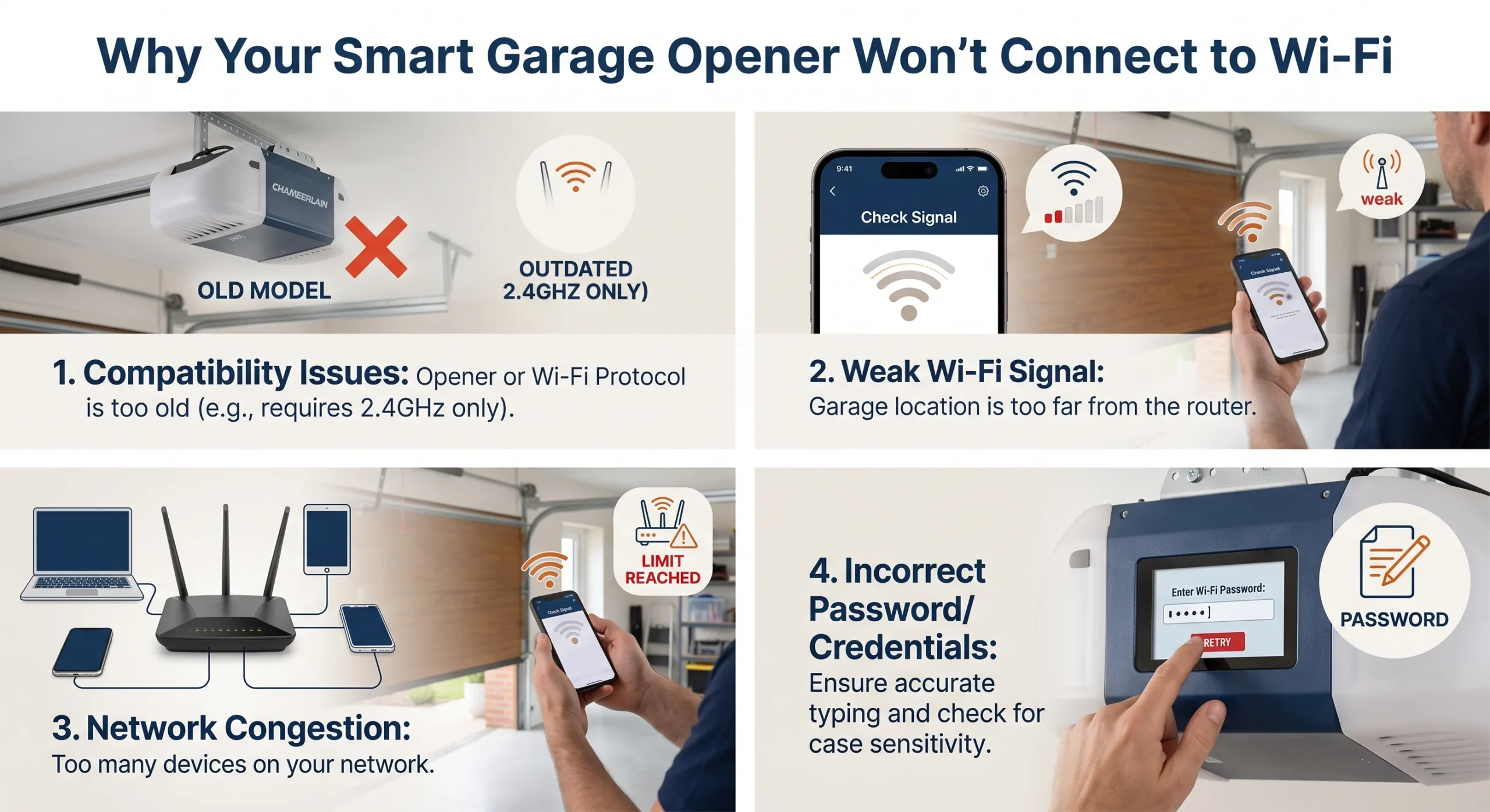 An infographic illustrating troubleshooting steps for when a Smart Garage Door Opener Cannot Connect to Wi-Fi.