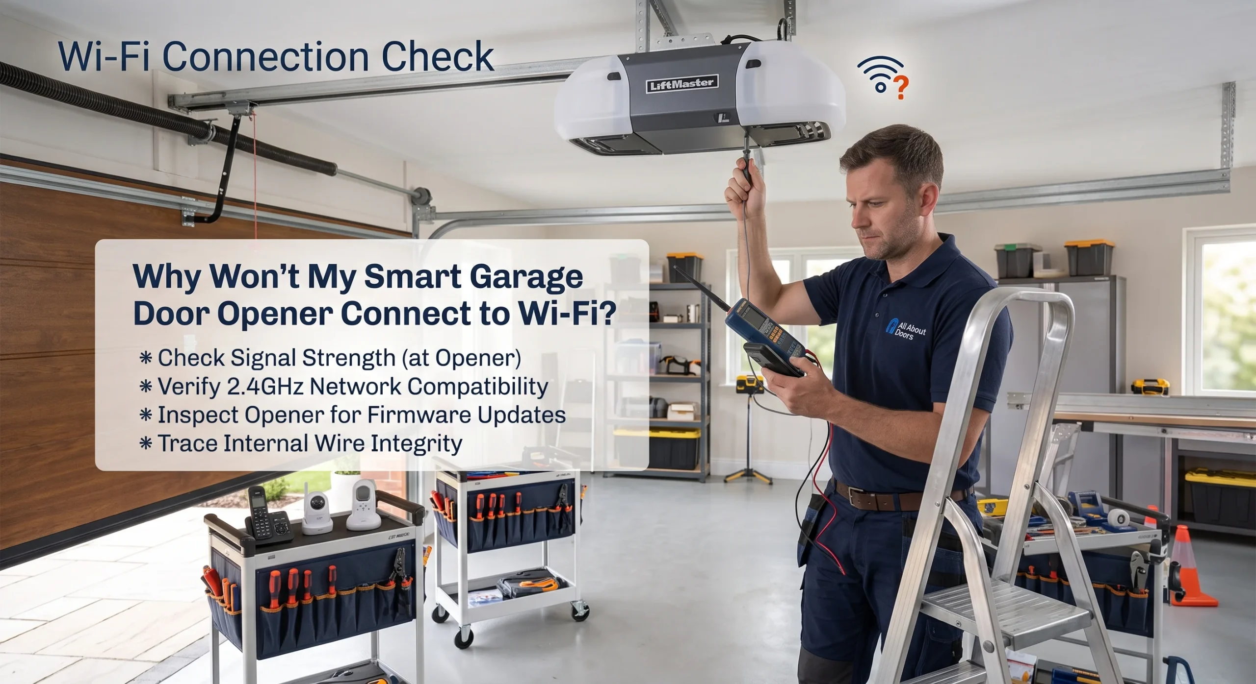 A technician using a signal testing device next to an overhead unit for Smart Garage Door Opener Wi-Fi Troubleshooting.