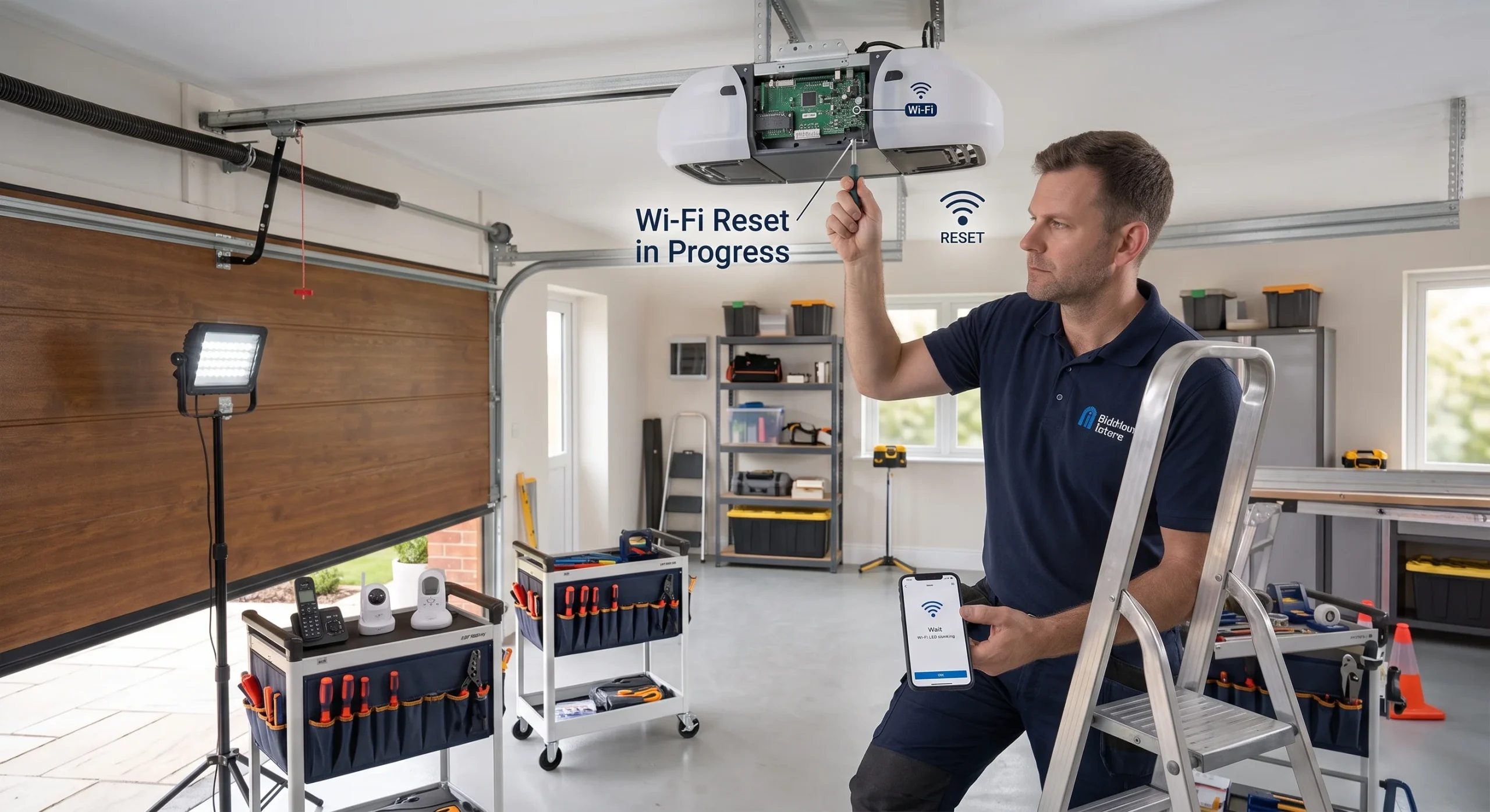 A technician holding a smartphone while pressing an overhead button to solve Wi-Fi Reset Issues on a Smart Garage Door Opener.